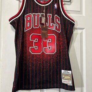 Mitchell & Ness Bulls Black and Red Pinstripe Jersey